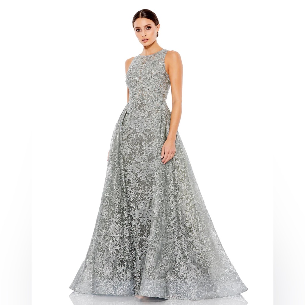 Mac Duggal Silver Embellished High Neck Sleeveless A-Line Gown